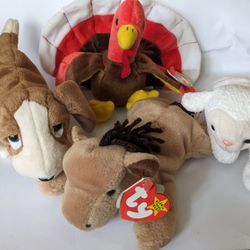 4 Vintage Beanie Babies: Gobbles, Fleece, Derby & Tracker 
