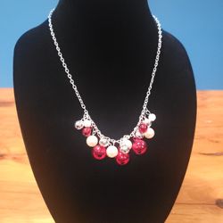Adjustable Necklace With Red Bells, Pearls, & Silver Beads 