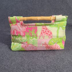 Women’s Animal Print Bamboo Handle Clutch – Neon Green/Pink