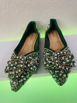 LVMIAOZI Women’s Green Faux Leather Slip-On Flat Pointed Toe Beaded Rhinestone