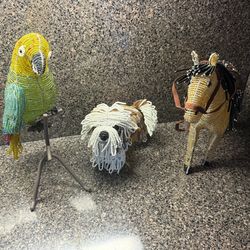 Glass Beaded Figurines - Parrot, Dog, Horse