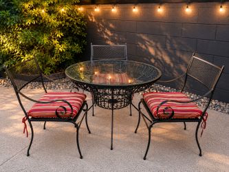 Vintage Wrought Iron Patio Bistro Set – Glass Table + 3 Chairs w/ Cushions