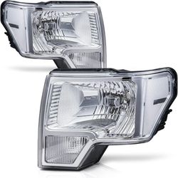 M-AUTO Left & Right Headlight Lamp Assembly Compatible with Ford F-150 2/4 Door, Chrome Housing, Clear Corner, OE Direct Replacement