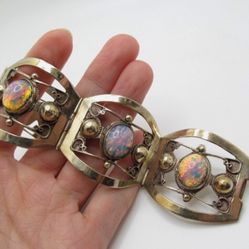 Vintage Opal 925 Sterling Wide Link Bracelet 