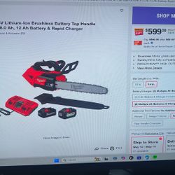 Milwaukee 2826-22T M18 FUEL 14 in. 18V Lithium-Ion Brushless Battery Top Handle Chainsaw Kit with 8.0 Ah, 12 Ah Battery & Rapid Charger