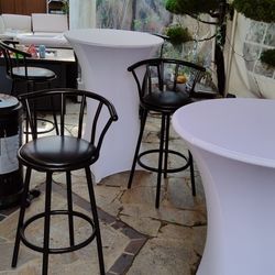 cocktail tables 30" spandex tablecloths bar stools only RT
