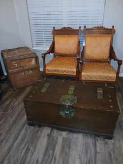 Antique platform rocking and arm chair orange tapestry