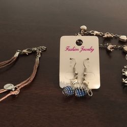 Aqua Dolphin And Blue Anchor Fashion Earrings, 2 Bracelets Dolphin And Heart