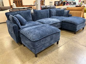 Royal Blue Corded Plush Modular Sectional with Dual Ottomans