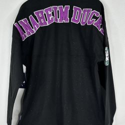 Anaheim Ducks Spirit Jersey Purple Glitter Sparkle Crew Neck Shirt Womens Size M Black NEW