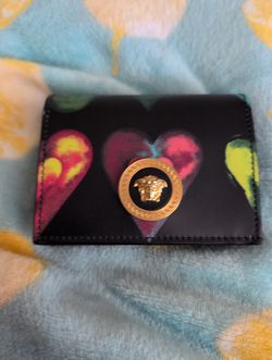 Versace Black Leather Wallet with Gold Medusa and Colorful Hearts
