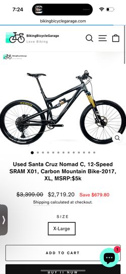 Used Santa Cruz Nomad C, 12-Speed SRAM X01, Carbon Mountain Bike-2017, XL, MSRP:$5k