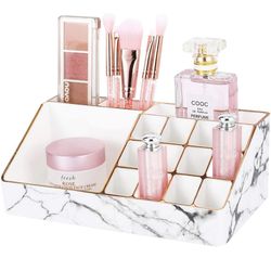 NEW! Makeup Organizer, Cosmetic Storage Box with Lipsticks Storage Slots & Brushes Slots, Decorative Beauty Supplies Cosmetics Display Case for Bathro