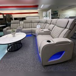 Modern High Quality ice leather power reclining sectional w/ Bluetooth speakers LED sub woofer & speaker massager hidden storage