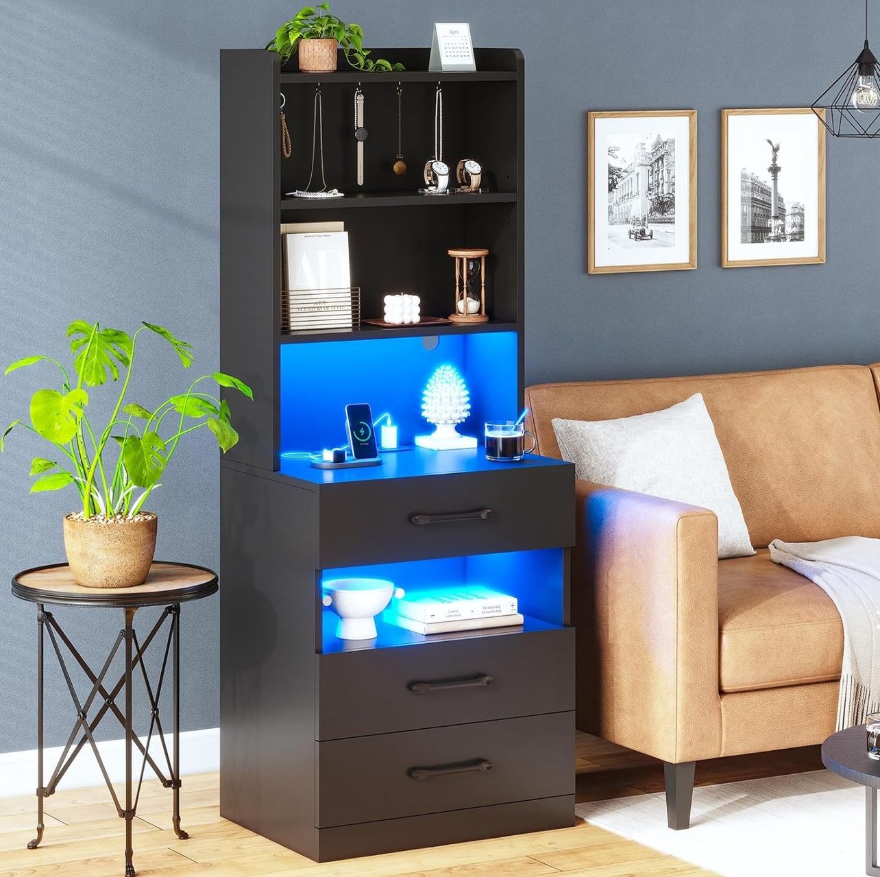 Tall Nightstand with Charging Station and LED Lights, Night Stand with 3 Drawers and Storage Shelves, Bedside Table with Bookshelf, Modern End Side Ta