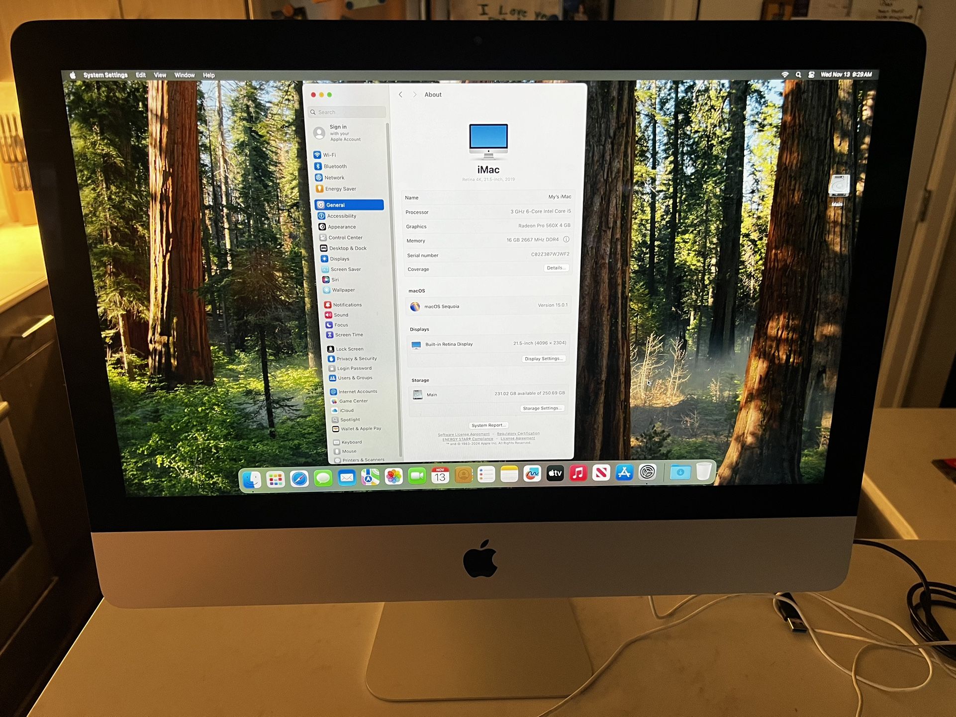 2019 Apple iMac 21.5" Retina 4K Display 3 GHz 6-Core Intel Core i5 16GB 251 GB SSD Sequoia A2116 EMC 3195