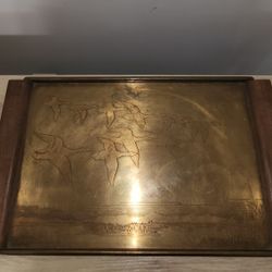 Rare Vintage Etched Brass Serving Tray with Teak Handles