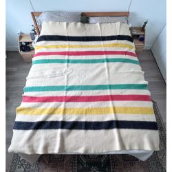 Vintage Polar Star 100% wool blanket Golden Dawn 8 stripe 70x72 Hudson Bay JC Penny retro   