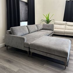 West Elm Modern Frost Grey Velvet Sectional Sofa Couch With Ottoman.