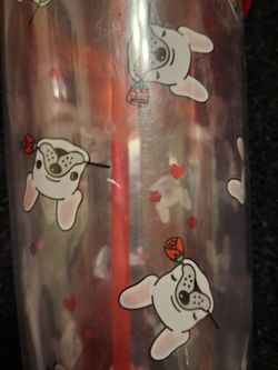 white and red frenchie dog tumbler with white cartoon dogs holding red roses and small red hearts #doglovers #roses #franchie #frenchiedog $4
