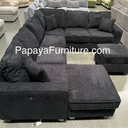 New 113” Chennile Sectional Couch, U-Shaped Sectional Sofa, Couch, Sectionals, Sectional And Ottoman, Couch, Black Sectional, Reversible Chaise Sofa