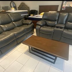 Madrid, Gray Leather, Reclining Sofa And Loveseat. Both Pieces For Only $899. Easy Finance Option. Same-Day Delivery.