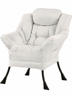 Lazy Chair for Adults, Comfy Reading Accent Chair, Beige Single Padded Seat, High Backrest, Armrests and Side Pocket for Lounging in Living Rooms, Bed