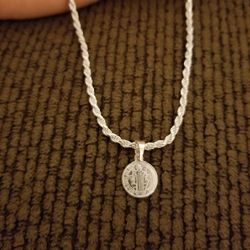 925 Solid Sterling Silver Diamond Cut Rope Necklace w/ Saint Benedict Medal for Women 18" Plata 925 Cadena con Medalla de San Benito Para Dama 18"