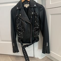 Embroidered Leather Moto Jacket Michael Kors