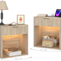 O.Wide Modern Bedside Table with Drawer, Mid Century Nightstand End Table for Curved Profile, Bedroom, Set of 2, Natural Oak