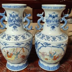 Antique Vintage Chinese Porcelain Vase Dragon Handles