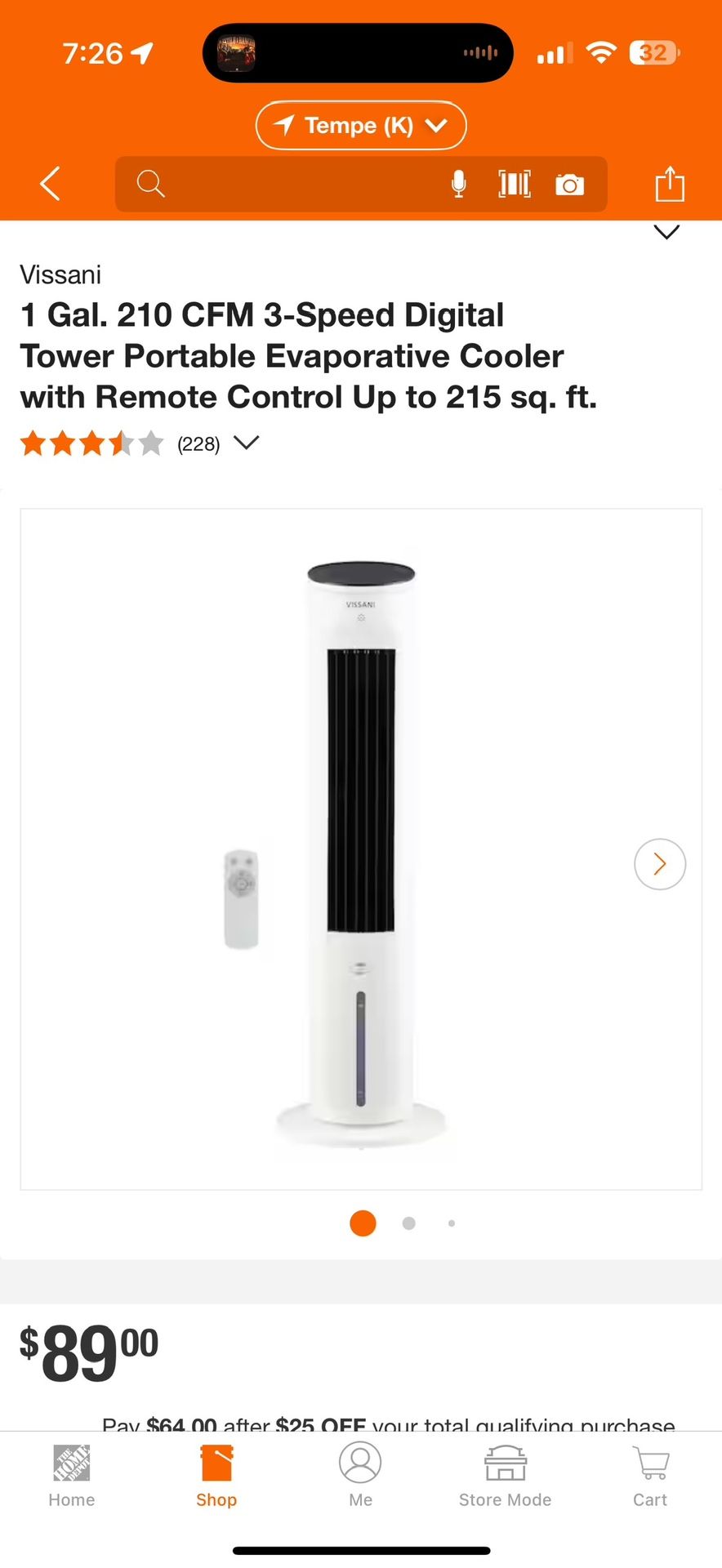 Vissani 1 Gal. 210 CFM 3-Speed Digital Tower Portable Evaporative Cooler with Remote Control $30