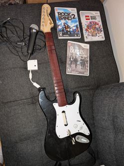 Tested Working Wii Rock Band Bundle - Guitar with Dongle, Microphone, & 3 Games