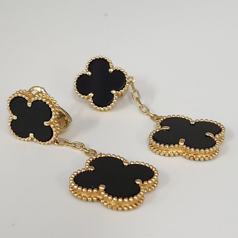 18k Yellow Gold Fashion Onyx Clover Clip Earrings