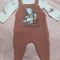 Disney Pooh Bear Corduroy Overalls Baby Size 0/3  Months Long Sleeve 
