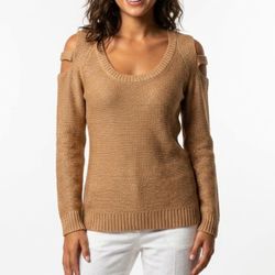 VENUS Whimsigoth Cold Shoulder Knit Sweater Camel Brown Scoop Neck Medium