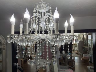 Vintage White Wrought Iron Australian Crystal Chandelier Hanging Ceiling Light Fixture 