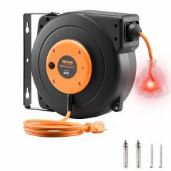 Retractable Extension Cord Reel, 30 FT, Heavy Duty 16AWG/3C SJTOW Power Cord, with Lighted Triple Tap Outlet 10 Amp Circuit Breaker, for Ceiling or Wa