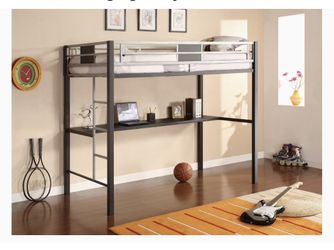 Loft Metal Bunk Bed with Desk and Ladder, Space-Saving Design, Silver Twin