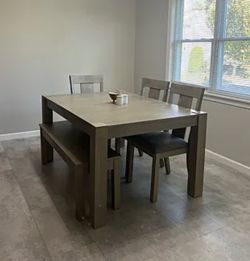 Gorgeous Extendable Grey Dining Room Set With 4 Cushioned Chairs And Bench
