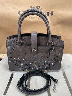 Coach Mercer Satchel 24 Star Rivets Metallic  NWT Details Metallic grain leather Inside zip and multifunction pockets Center zip compartment Turnlock 