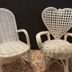 White Wicker Doll Furniture  - Rocking Chair And Heart Back Chair Toys