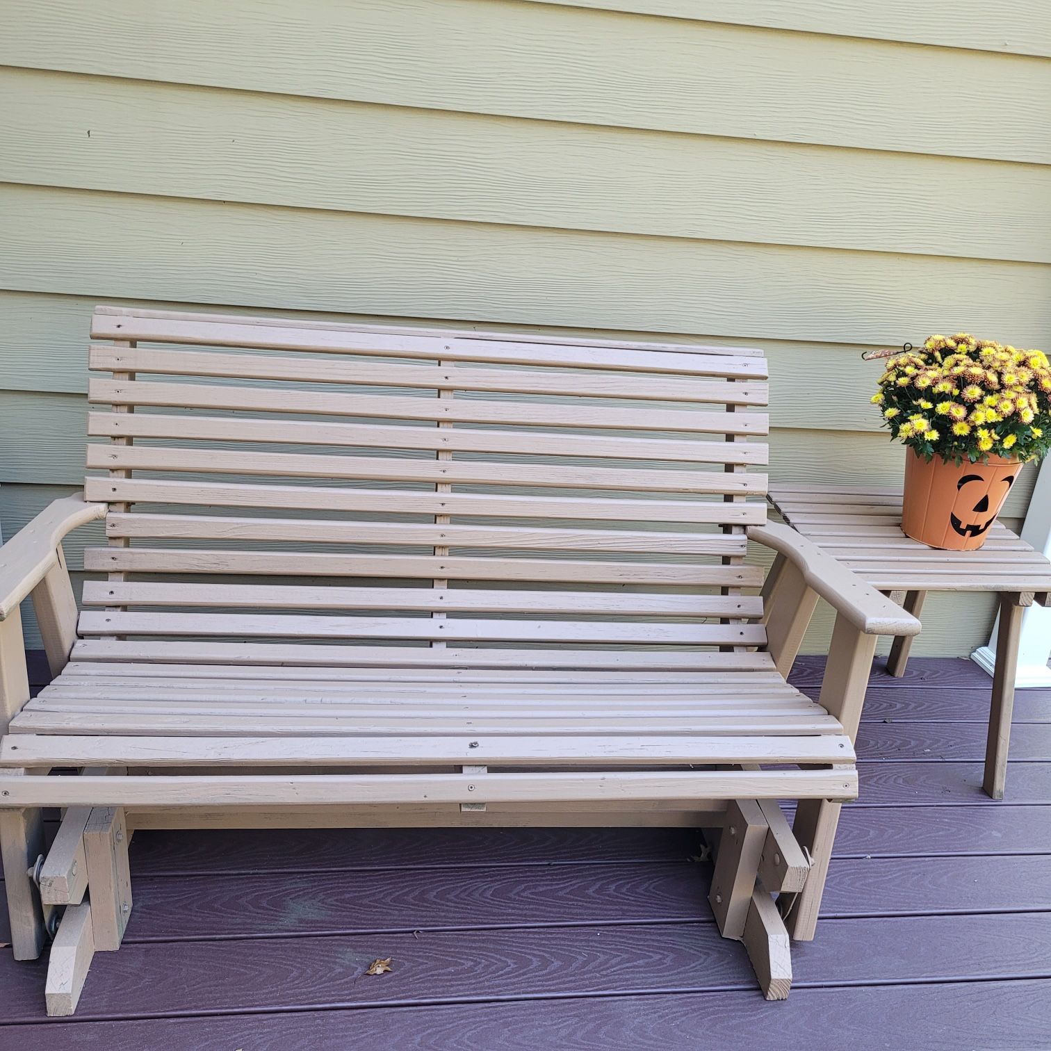 Amish Built Wooden Glider Bench And Side Table
