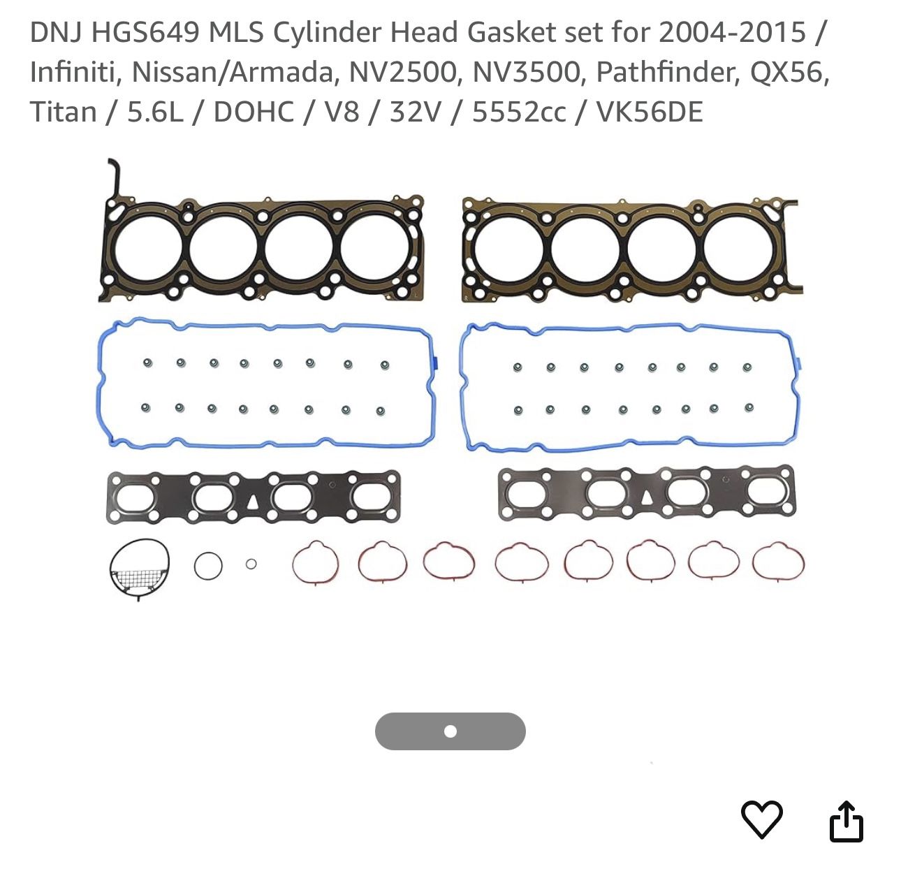 Cylinder Head Gasket set for 2004-2015 / Infiniti, Nissan/Armada, NV2500, NV3500, Pathfinder, QX56, V6 5.6 Liter