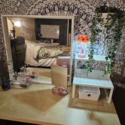 IKEA desk And Mirror With Shelf.  Tapestry And Accessories To Vanity 