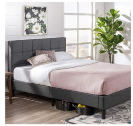 Grey King size, upholstered platform bed frame, mattress foundation