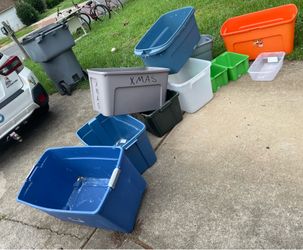 11 totes of various sizes NO LIDS storage bins boxes