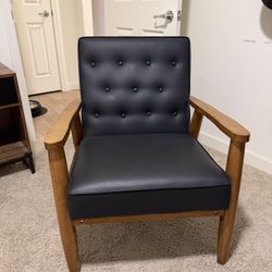  Mid-Century Faux Leather Wooden Lounge Chair