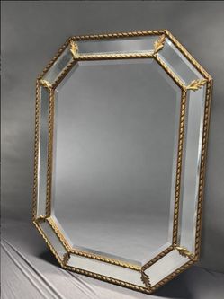 Vintage Italian Octagonal Beveled Wall Mirror Gold Gilt Frame Venetian Style 34x26