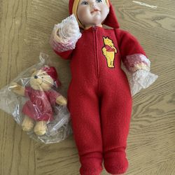 Ashton Drake Porcelain Doll Wearing Winnie The Pooh Pajamas & Mini Winnie In Pajamas